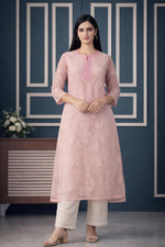 SN238 women’s blush pink organza embroidered kurta with three-quarter sleeves in front pose