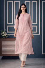 SN238 women’s blush pink embroidered organza kurta with three-quarter sleeves walking pose