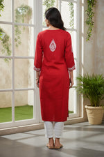 SN239 women’s crimson red cotton kurti with three-quarter sleeves and straight silhouette back view