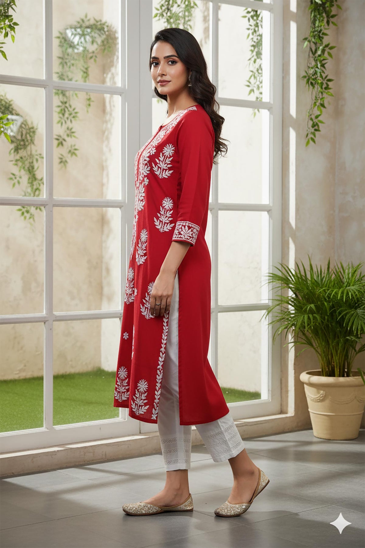 SN239 women’s crimson red cotton kurti with three-quarter sleeves and straight fit shown in side view