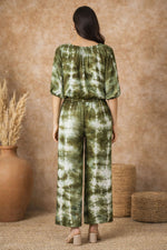 SN24 olive green tie-dye co-ord set for women, elastic waist and full length pants back view