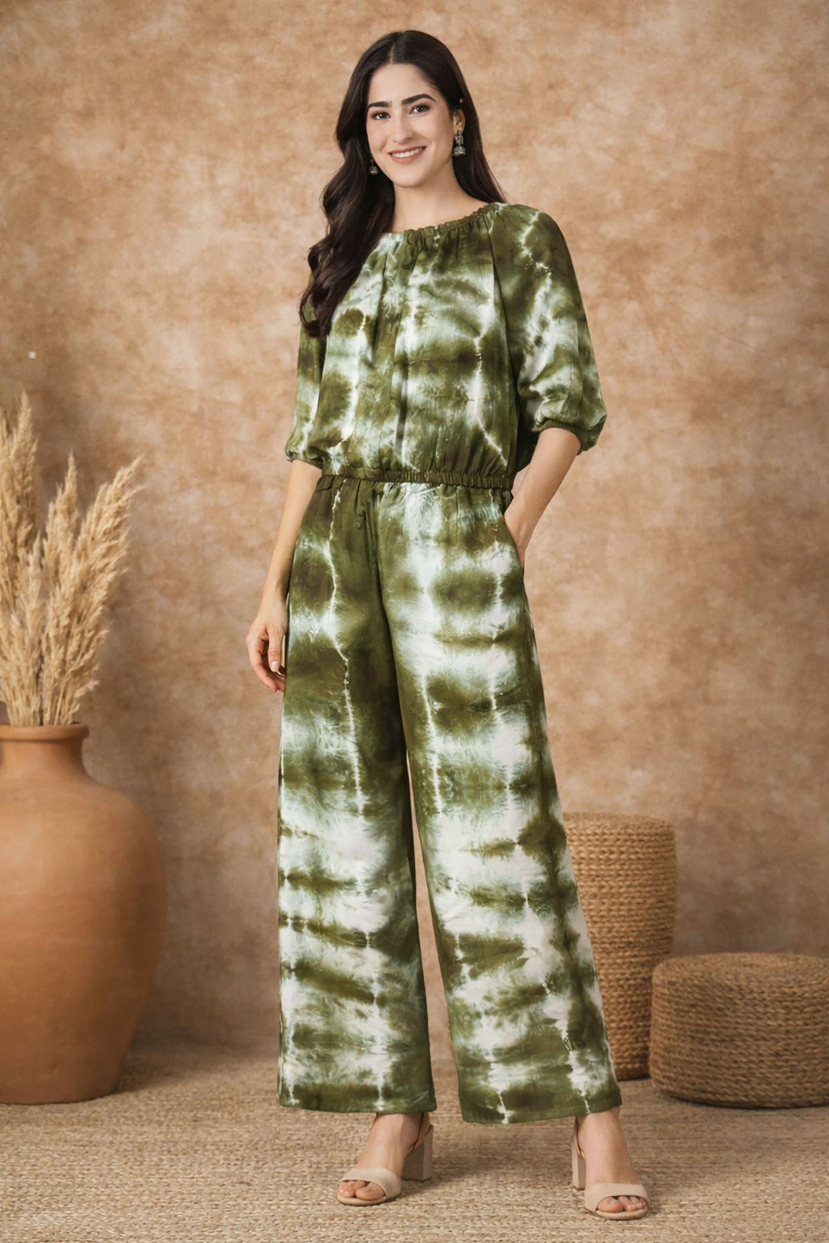 SN24 olive green tie-dye co-ord set for women, relaxed fit top and wide leg pants front pose