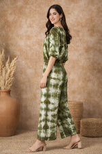 SN24 olive green tie-dye co-ord set for women, relaxed silhouette and wide leg fit side pose