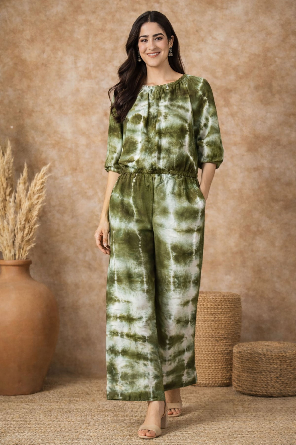 SN24 olive green tie-dye co-ord set for women, flowy fabric and natural movement walking pose