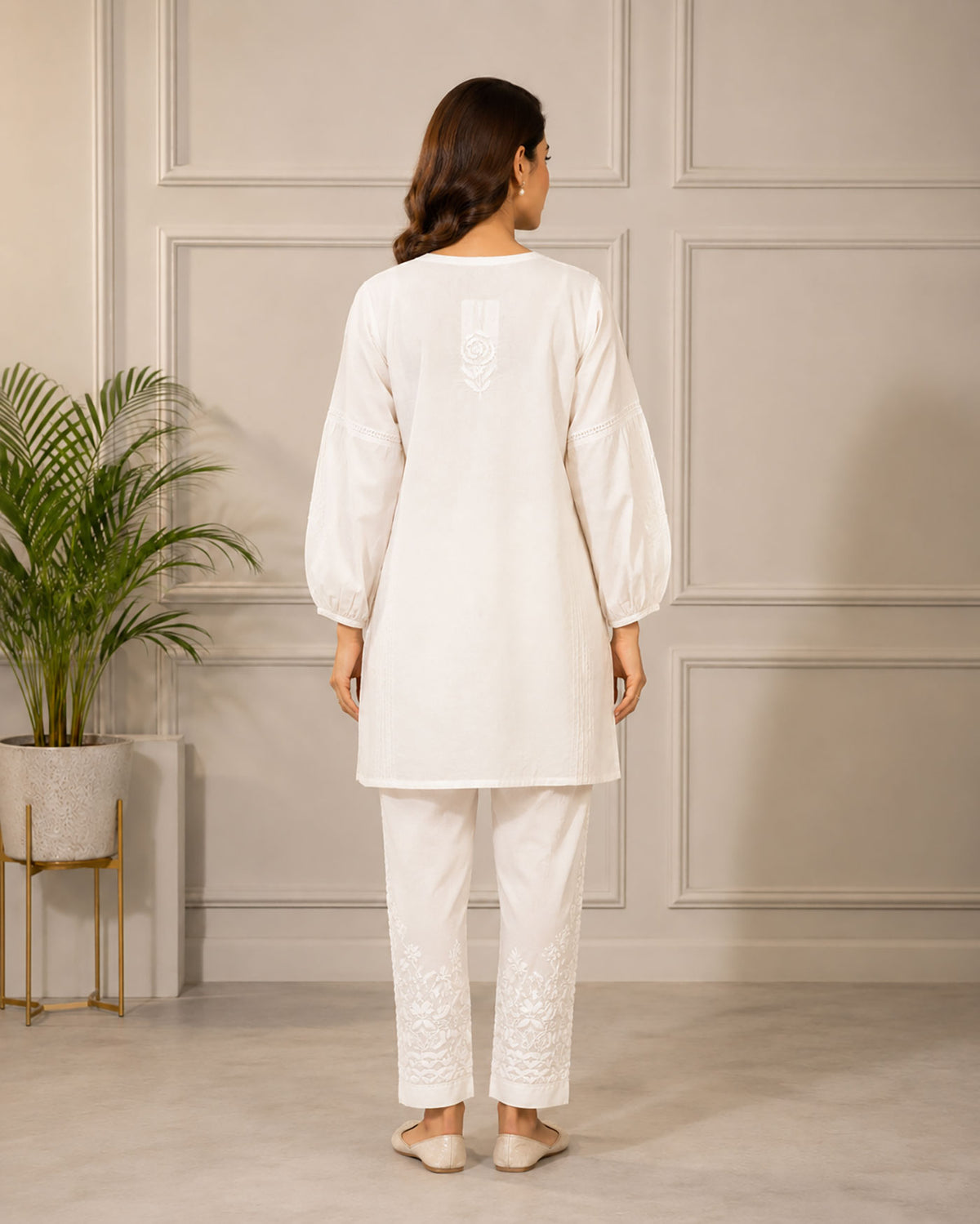 SN240 women’s ivory cotton chikankari kurta set with long balloon sleeves and embroidered pants back view