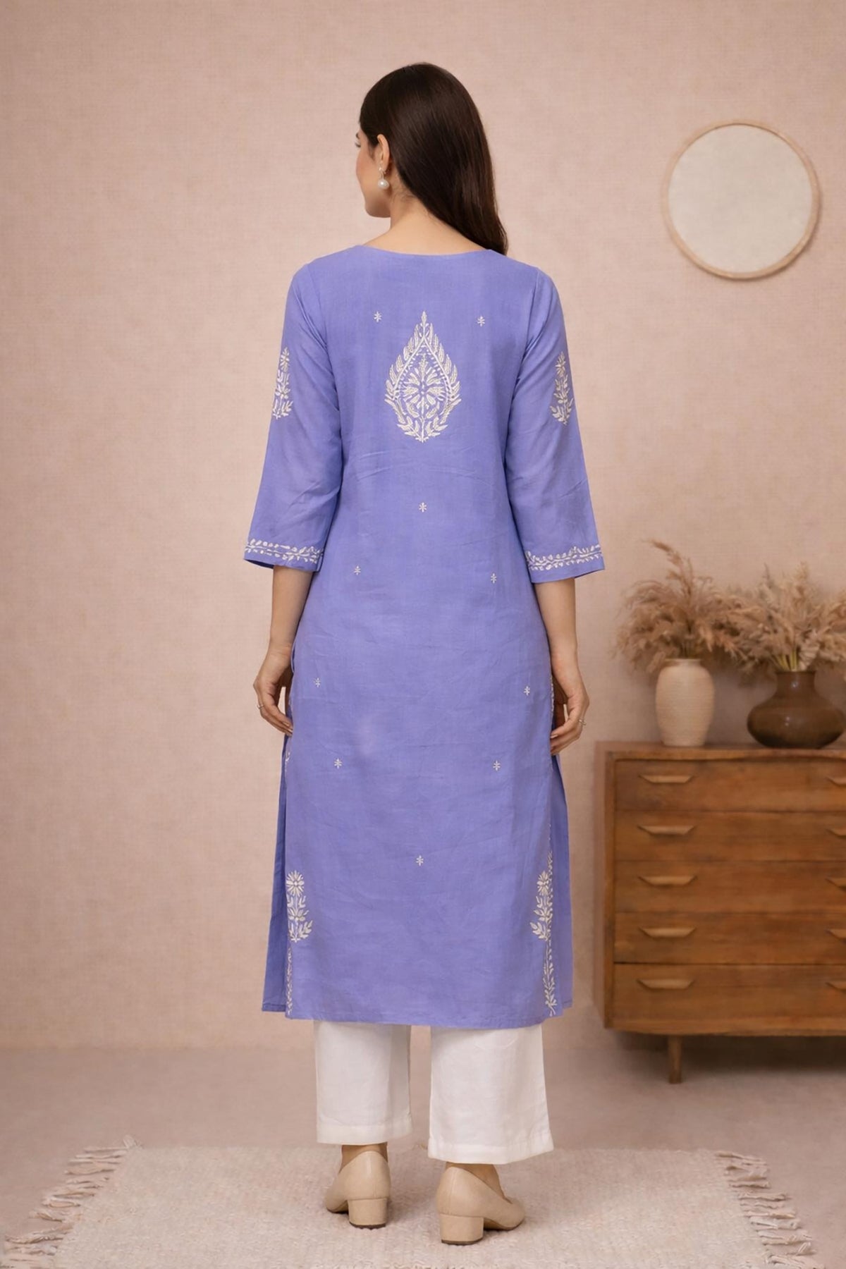 SN241 women’s periwinkle cotton straight kurta with subtle back embroidery and three-quarter sleeves, back pose view.