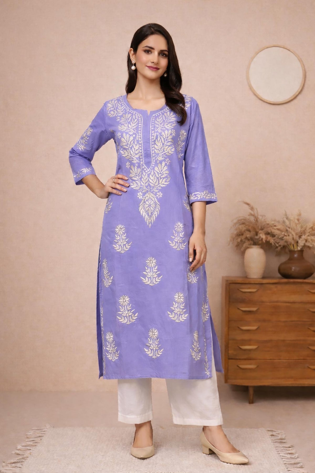 SN241 women’s periwinkle cotton straight kurta with floral embroidery, round slit neckline and three-quarter sleeves, front pose.