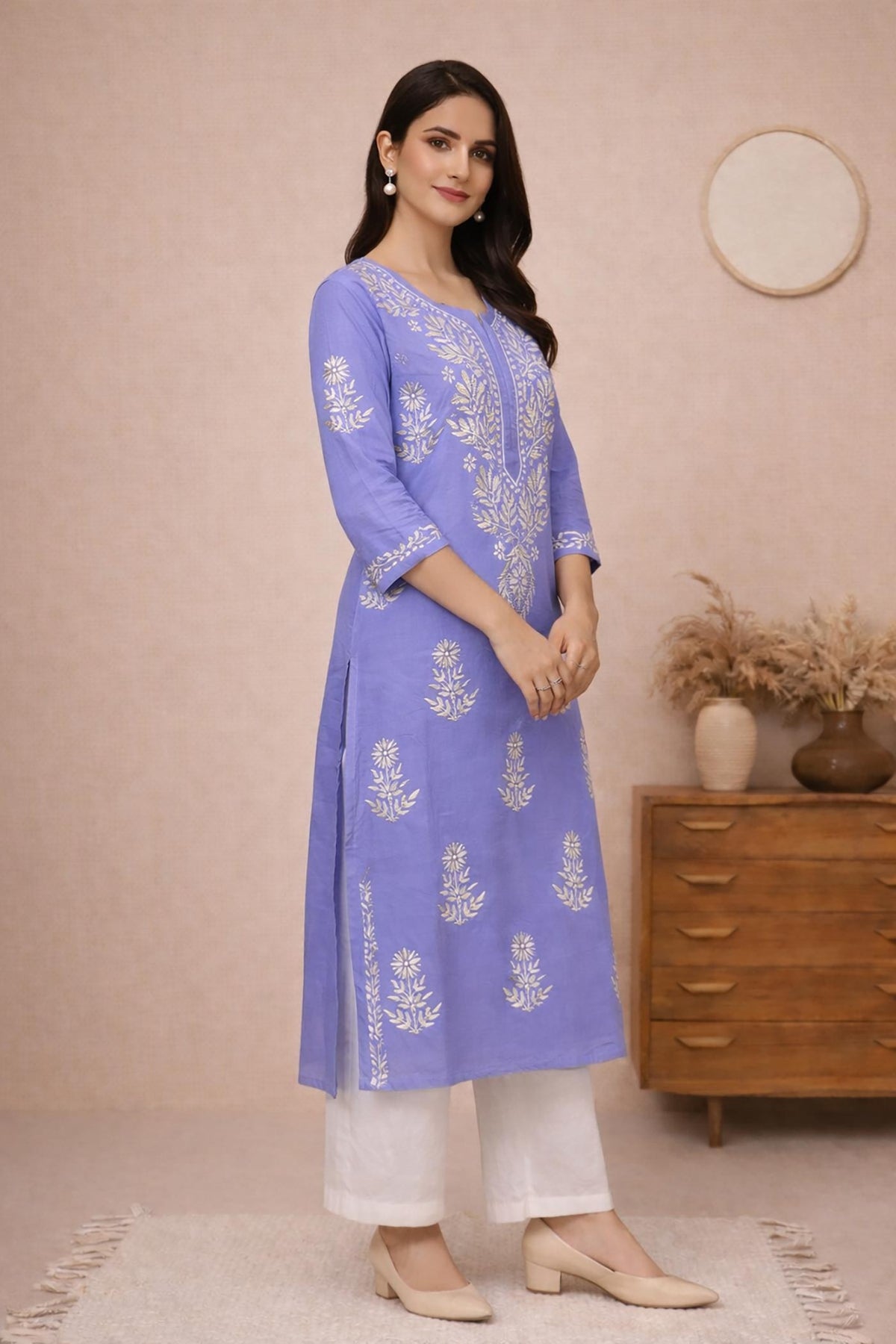 SN241 women’s periwinkle cotton straight kurta with embroidered detailing and three-quarter sleeves, side pose view.