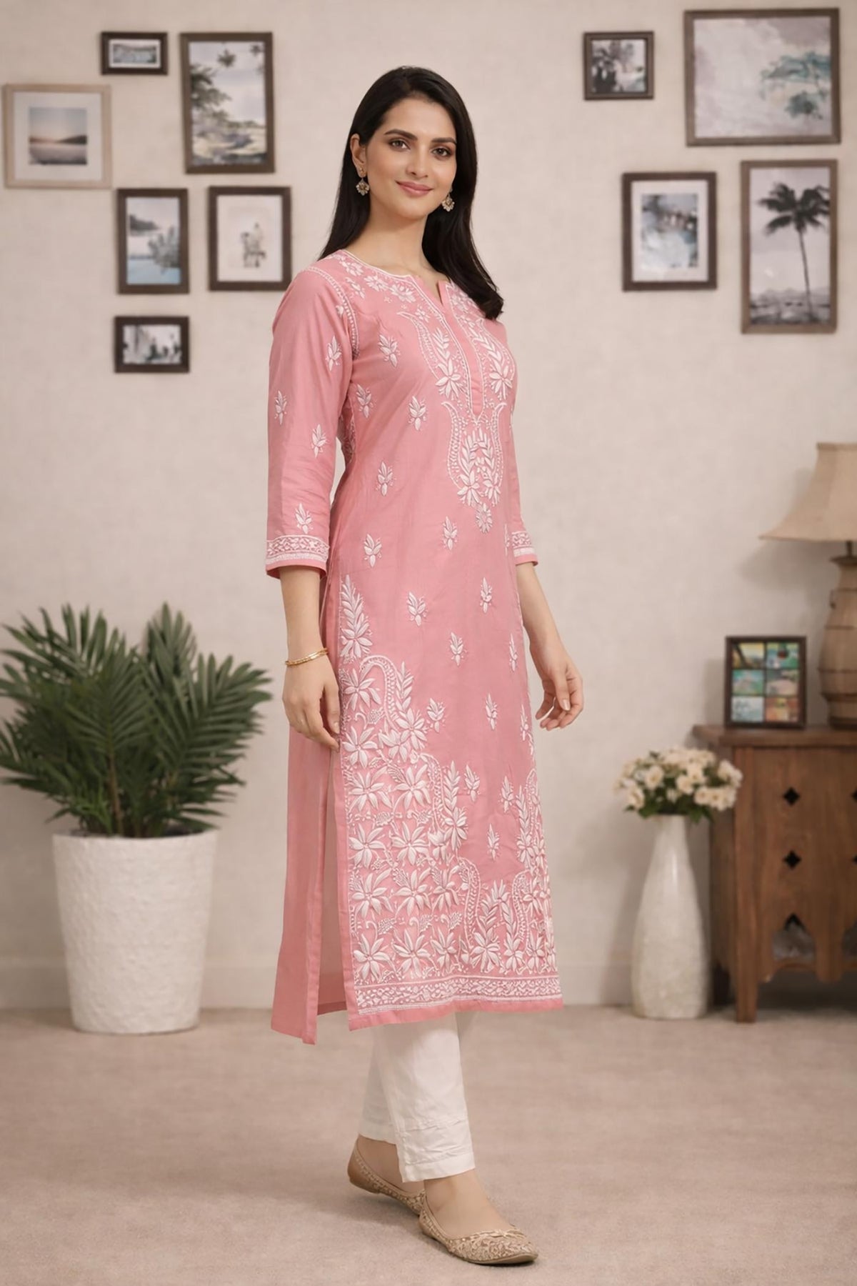 SN243 women’s dusty rose cotton straight kurta side view with three-quarter sleeves and embroidered detailing