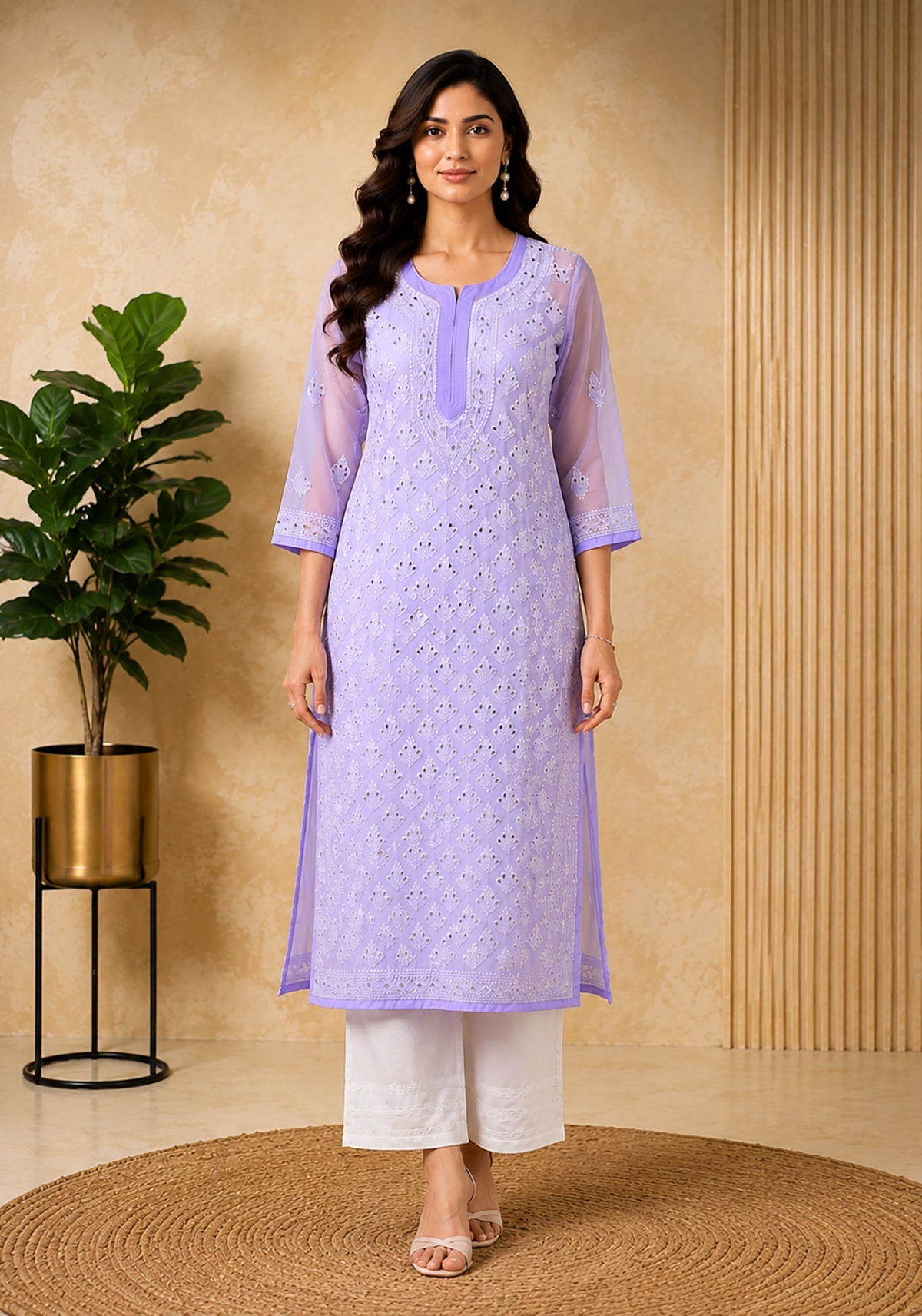 SN245 women’s lavender chikankari embroidered kurta with V-neck and three-quarter sleeves front pose