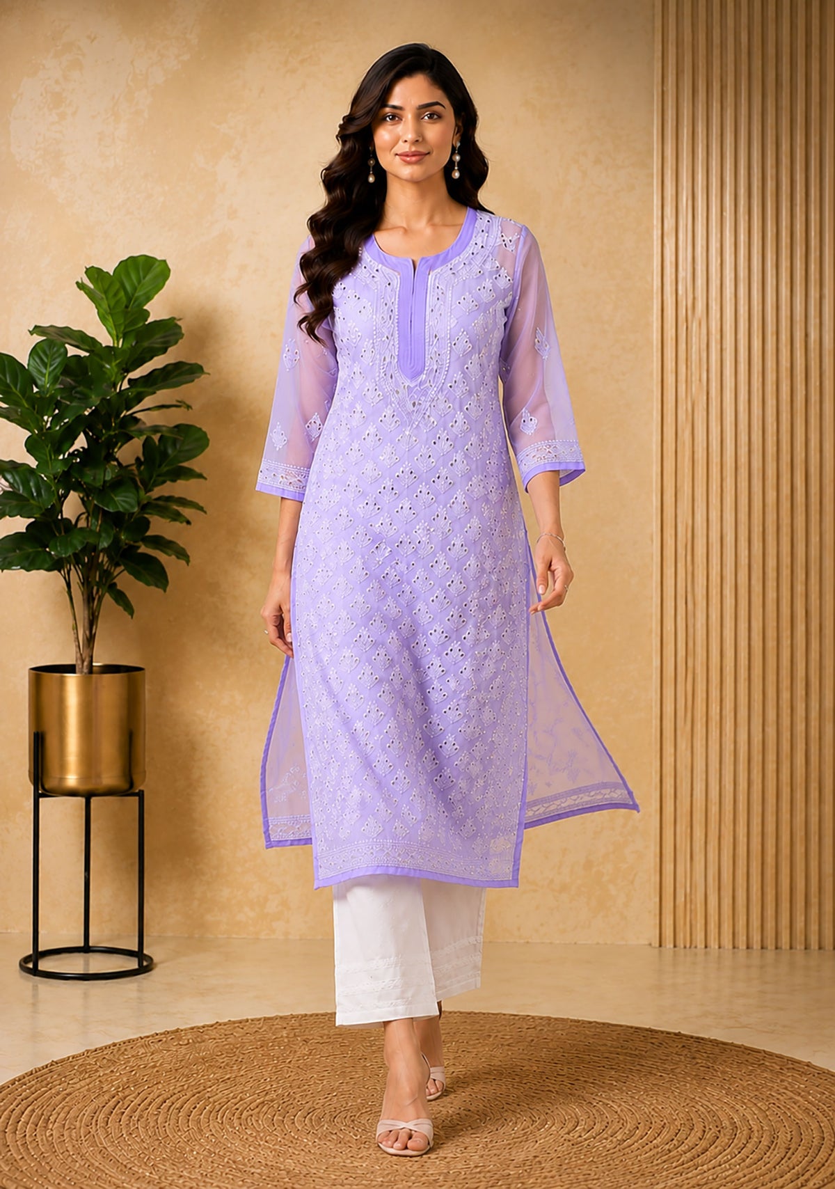 SN245 women’s lavender chikankari embroidered kurta with V-neck walking pose