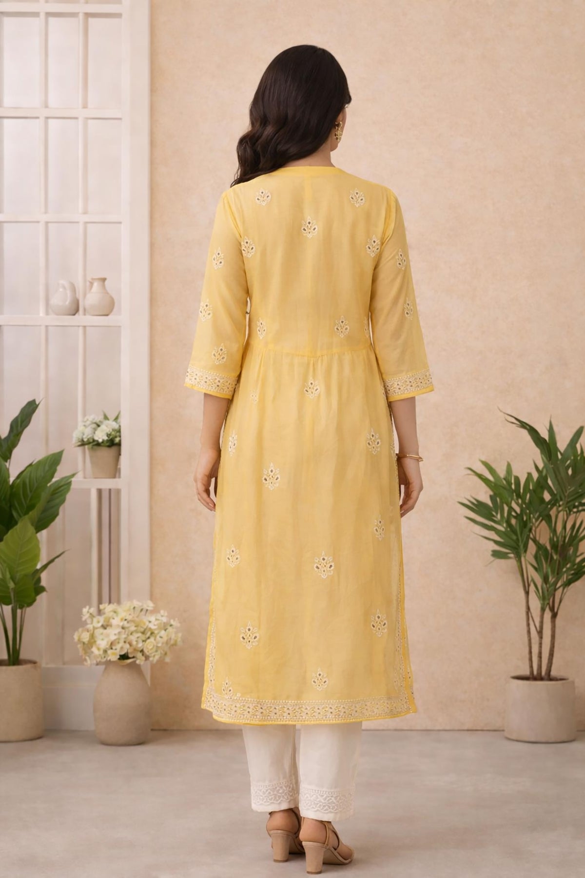 SN246 women’s mustard organza embroidered straight kurta back view with three-quarter sleeves