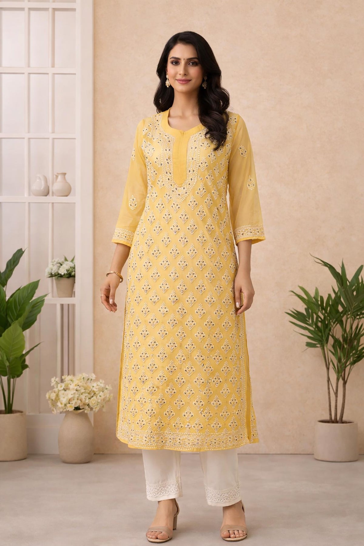 SN246 women’s mustard organza embroidered straight kurta with V-neck and three-quarter sleeves front view