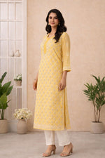 SN246 women’s mustard organza straight kurta side view with embroidery and three-quarter sleeves