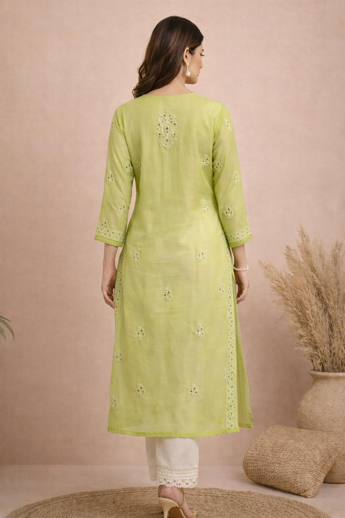 SN247 women’s lime green chiffon kurta back view with embroidered detailing and straight silhouette