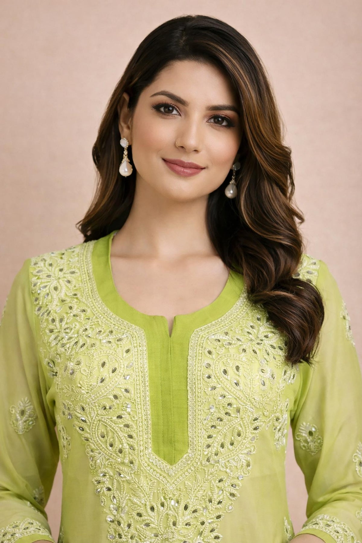 SN247 women’s lime green chiffon kurta closeup showing mirror embroidery and round slit neckline detail