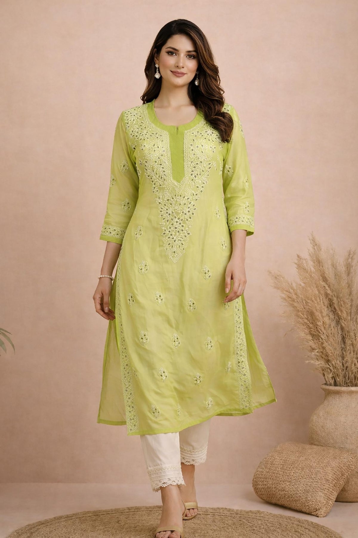 SN247 women’s lime green chiffon kurta walking pose with embroidered front panel and relaxed straight silhouette