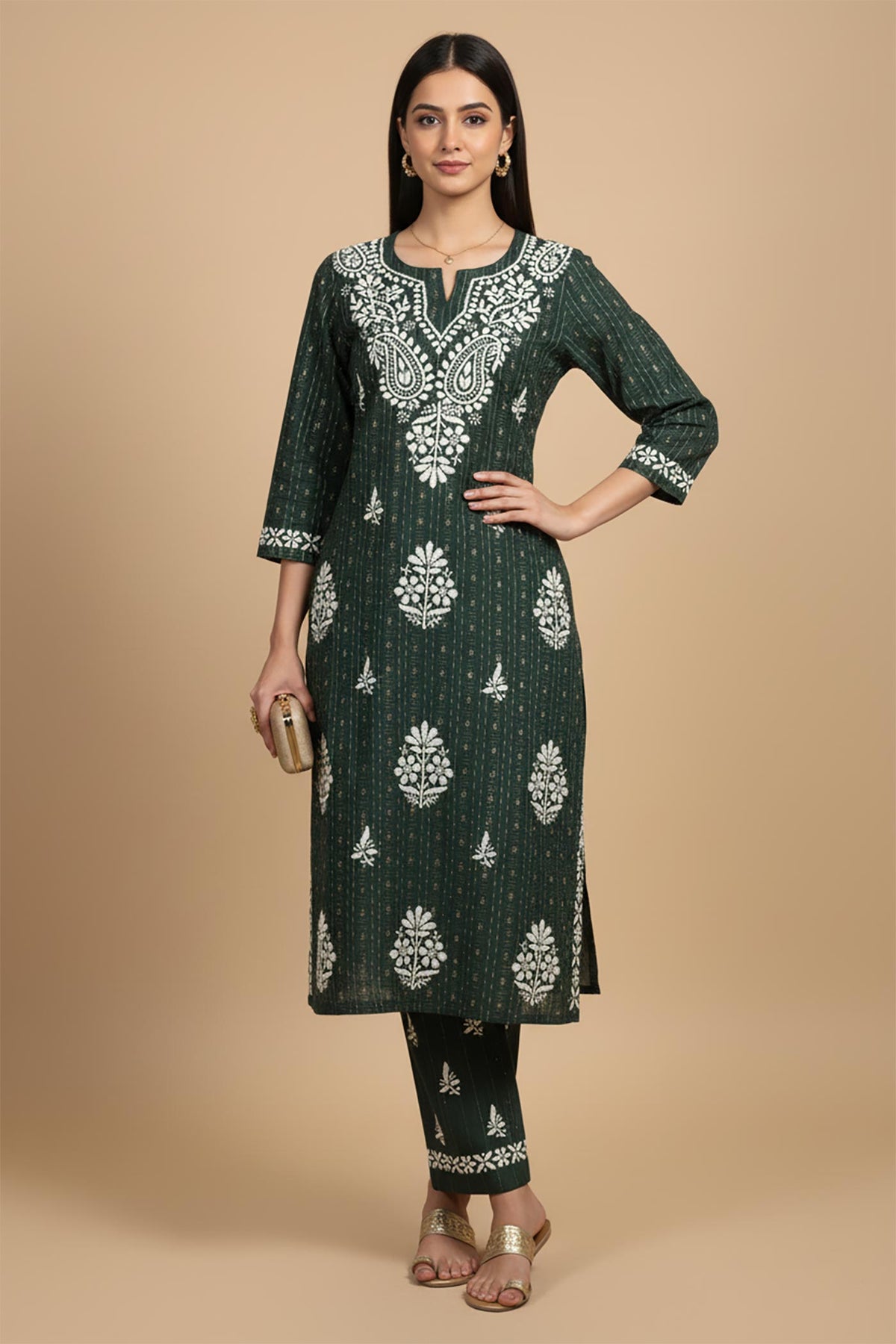 SN248 women’s forest green cotton kurta pant set with embroidery, three-quarter sleeve, slit neckline, front pose