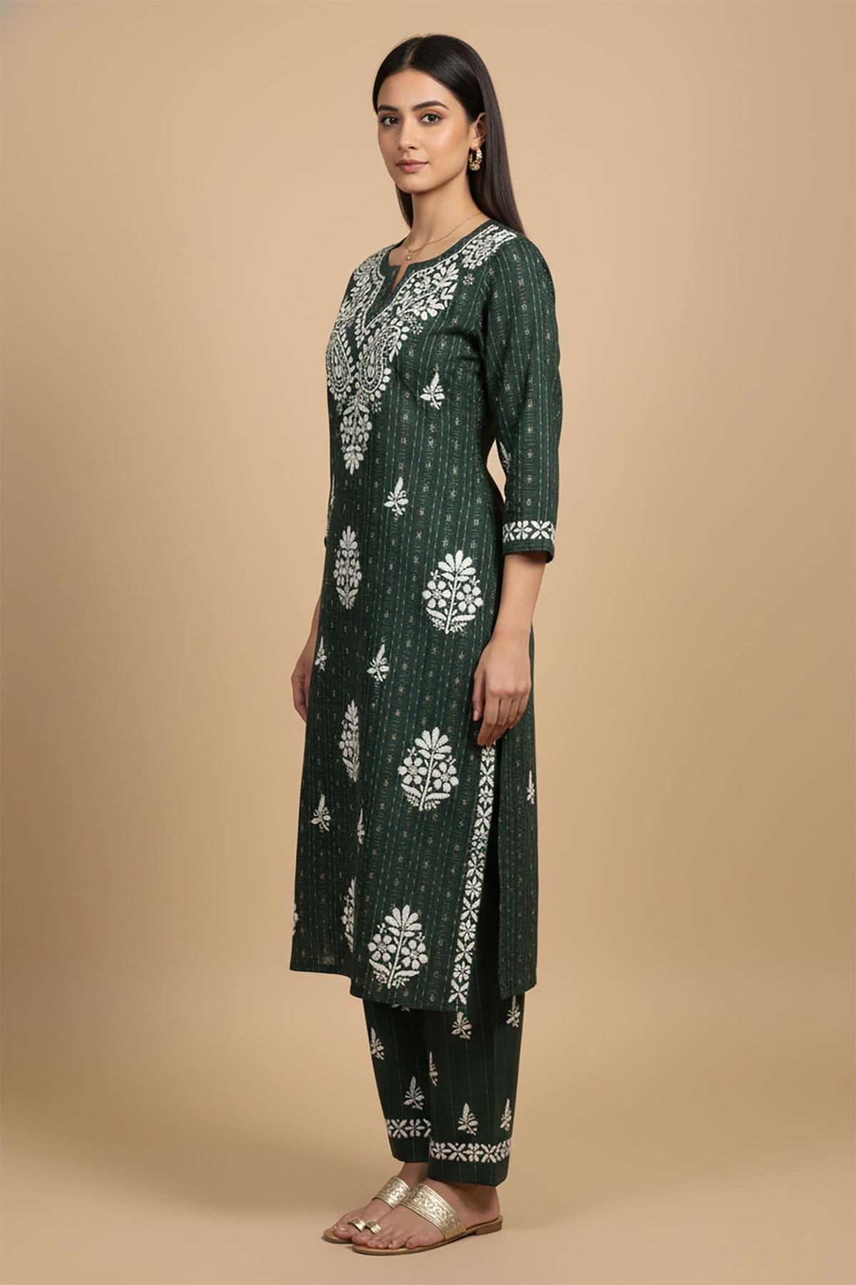 SN248 women’s forest green cotton kurta pant set, straight fit with embroidered details, side pose