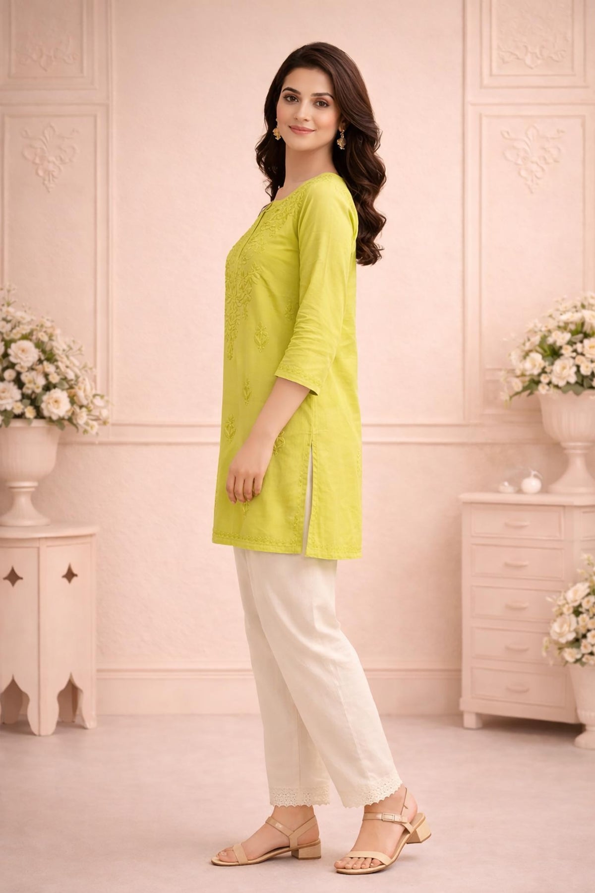 SN249 women’s lime green cotton embroidered kurti side view with straight fit and three-quarter sleeves