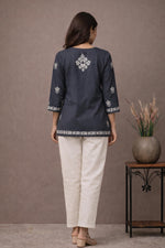SN251 women’s slate grey cotton kurti back pose with floral embroidery and three-quarter sleeves