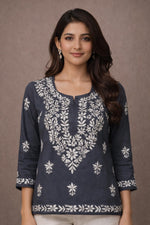 SN251 women’s slate grey cotton kurti closeup showing floral embroidery, round neckline and three-quarter sleeves