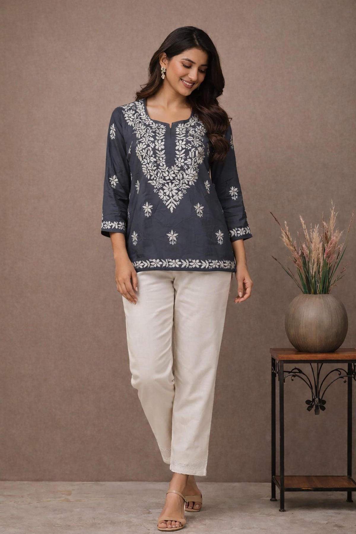 SN251 women’s slate grey cotton kurti with floral embroidery, round neck and three-quarter sleeves front pose