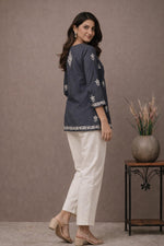 SN251 women’s slate grey cotton kurti with floral embroidery and three-quarter sleeves side pose