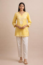 SN253 women’s butter yellow cotton chikankari kurti front pose with V-neck and three-quarter sleeves