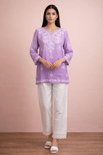 SN254 women’s lavender cotton embroidered kurti front pose with three-quarter sleeves and notched V-neck design.