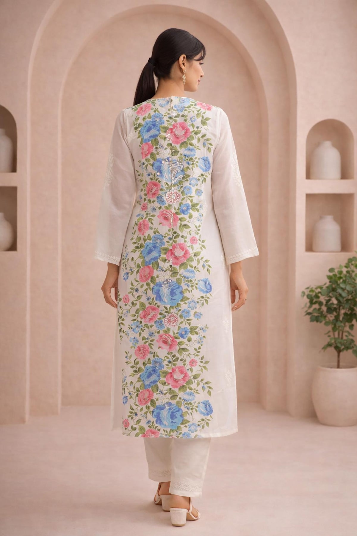 SN258 women’s ivory cotton kurta pant set back pose with long sleeves and straight silhouette