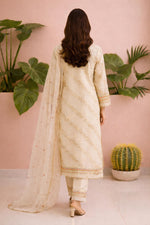 SN260 women’s ivory silk blend kurta set back pose with straight silhouette and long sleeves