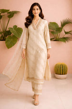 SN260 women’s ivory silk blend kurta set walking pose with V-neck, long sleeves and organza dupatta
