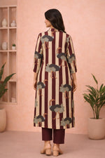 SN261 women’s burgundy rayon kurta pant set back pose with straight silhouette and stripe print
