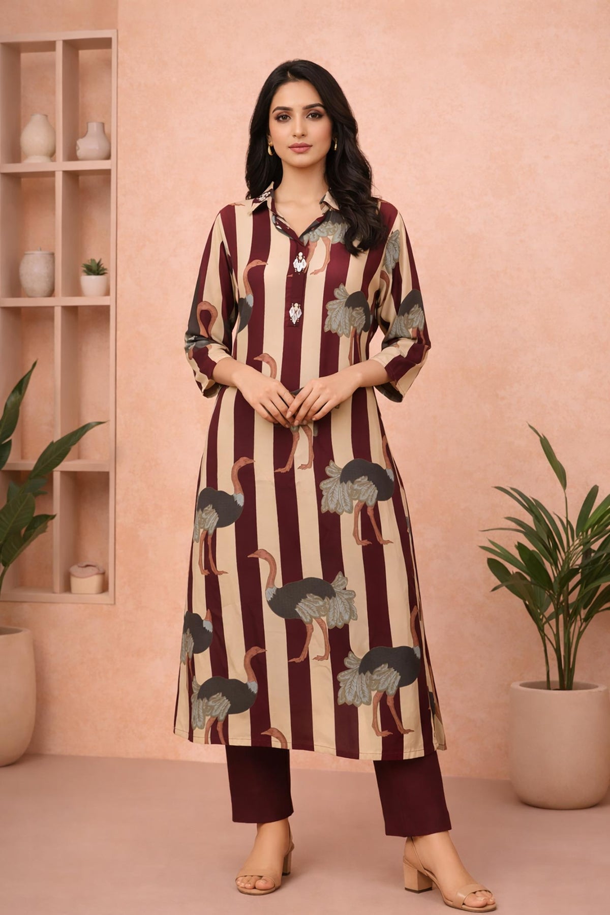 SN261 women’s burgundy rayon kurta pant set front pose with V-neck collar and three-quarter sleeves