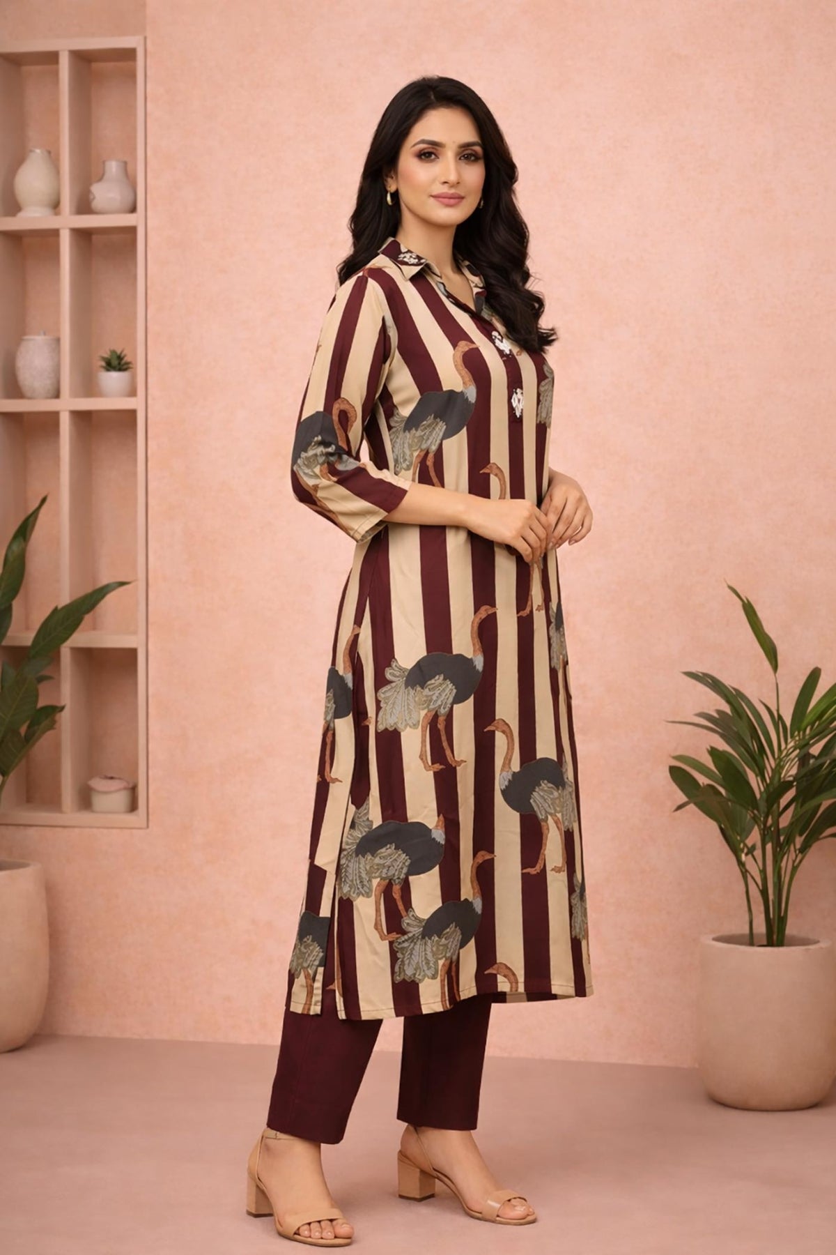 SN261 women’s burgundy rayon kurta pant set side pose with straight fit and three-quarter sleeves