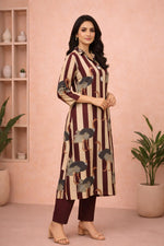 SN261 women’s burgundy rayon kurta pant set side pose with straight fit and three-quarter sleeves