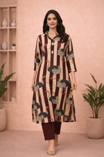 SN261 women’s burgundy rayon kurta pant set walking pose with relaxed straight silhouette