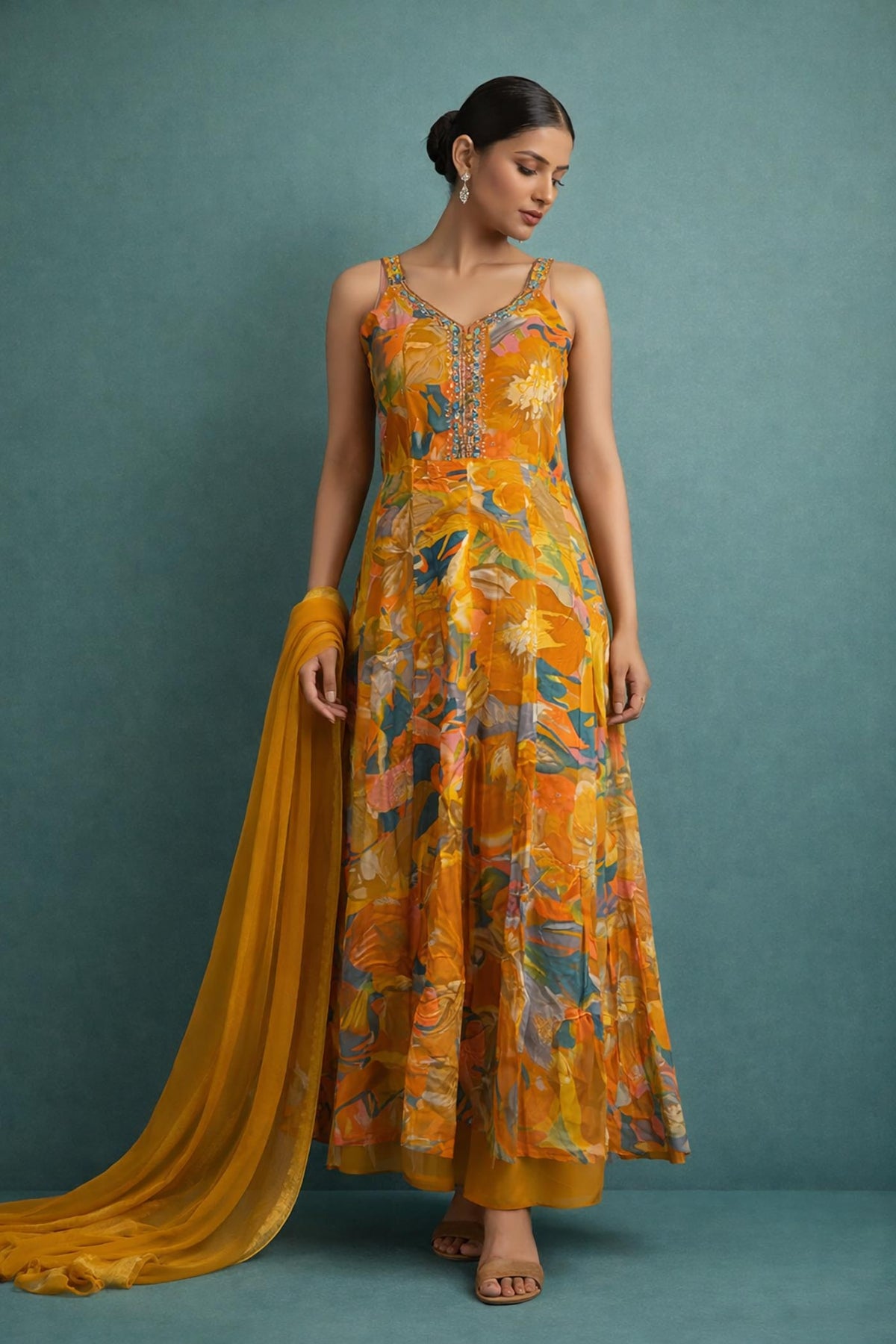 SN262 women’s burnt orange georgette maxi dress with embellished V-neck and sleeveless A-line silhouette front view