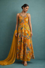 SN262 women’s burnt orange georgette maxi dress with embellished V-neck and sleeveless A-line silhouette front view