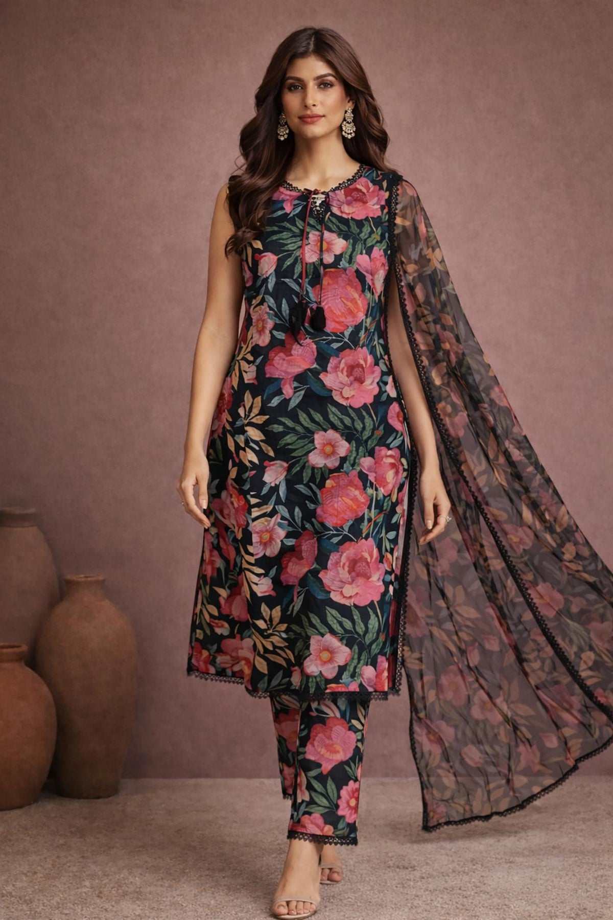 Midnight Bloom Botanical Lawn 3 Piece Suit