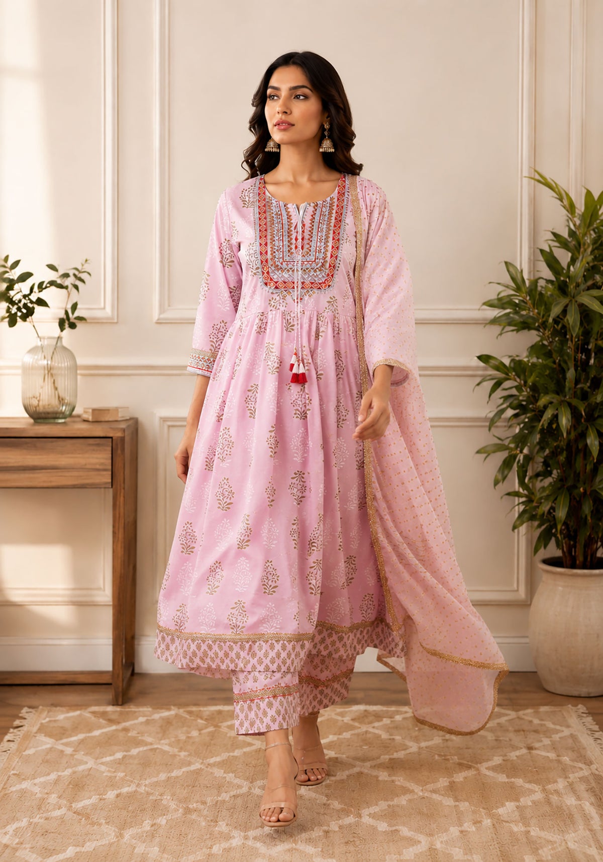 SN265 women’s blush pink cotton kurta set walking pose with embroidered neckline and flowing dupatta