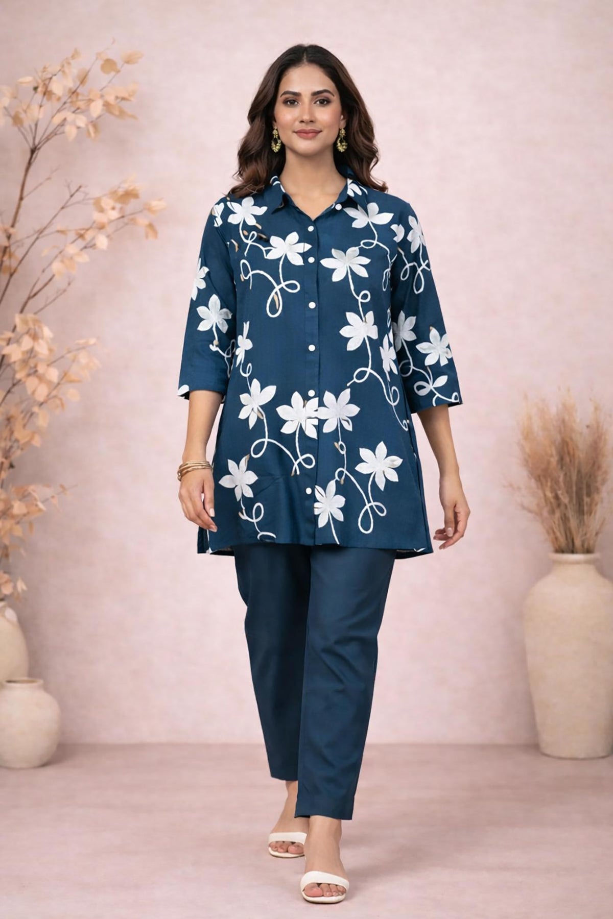 SN268 women’s teal cotton dobby floral co-ord set with shirt-style top and straight pants, walking pose