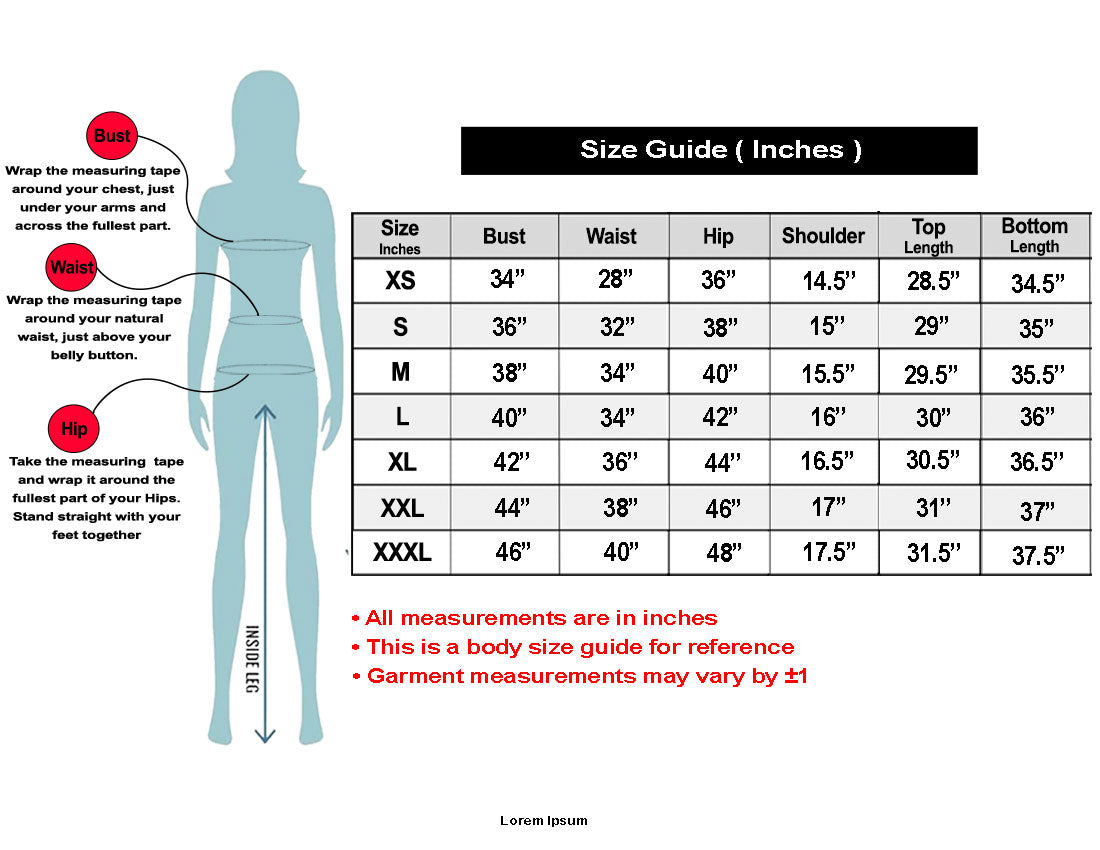 SN268 Body size guide with measurements in inches for various clothing sizes.