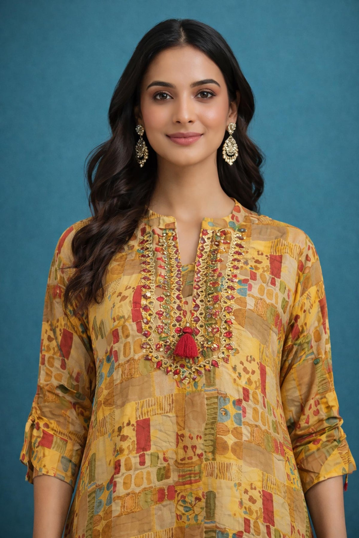 SN271 women’s mustard cotton kurta set closeup of embroidered V-neck with mirror work and tassel detail