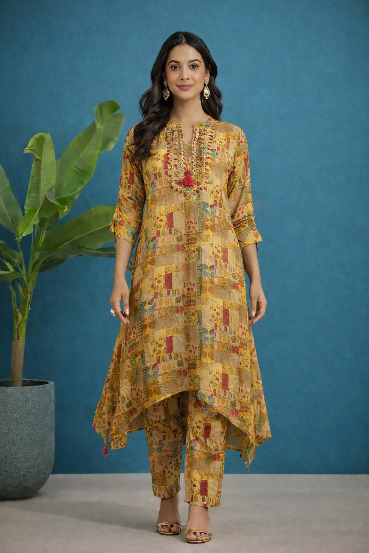 SN271 women’s mustard cotton kurta pant set with embroidered V-neck and three-quarter sleeves front pose