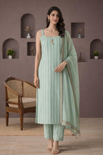SN272 women’s mint green cotton blend striped kurta pant set with sleeveless square neckline front pose