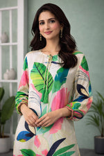 SN286 women’s ivory modal satin kurta with long sleeves and tie-up neckline, tropical print closeup