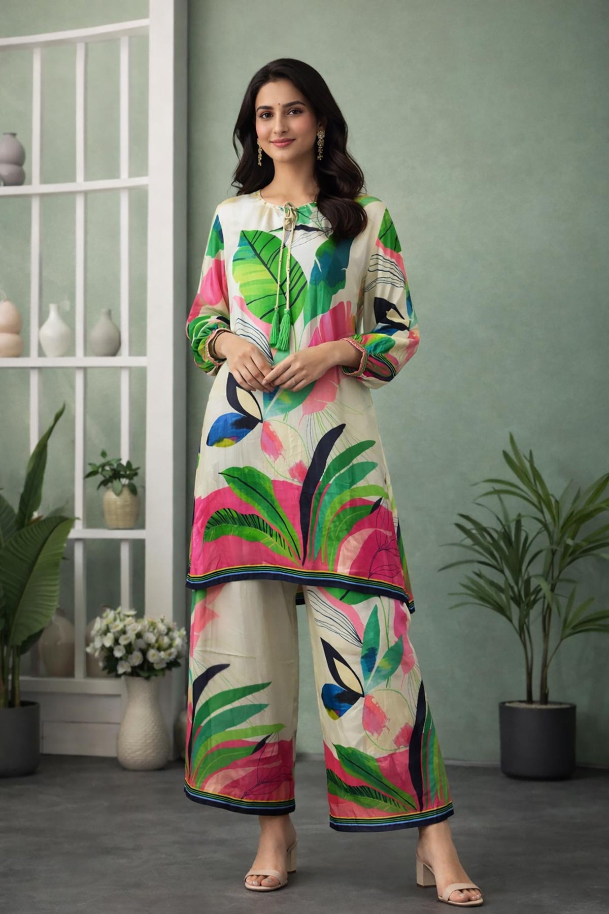 SN286 women’s ivory modal satin kurta palazzo set with long sleeves and tropical print, front pose