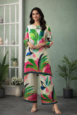 SN286 women’s ivory modal satin kurta palazzo set with long sleeves and tropical print, front pose